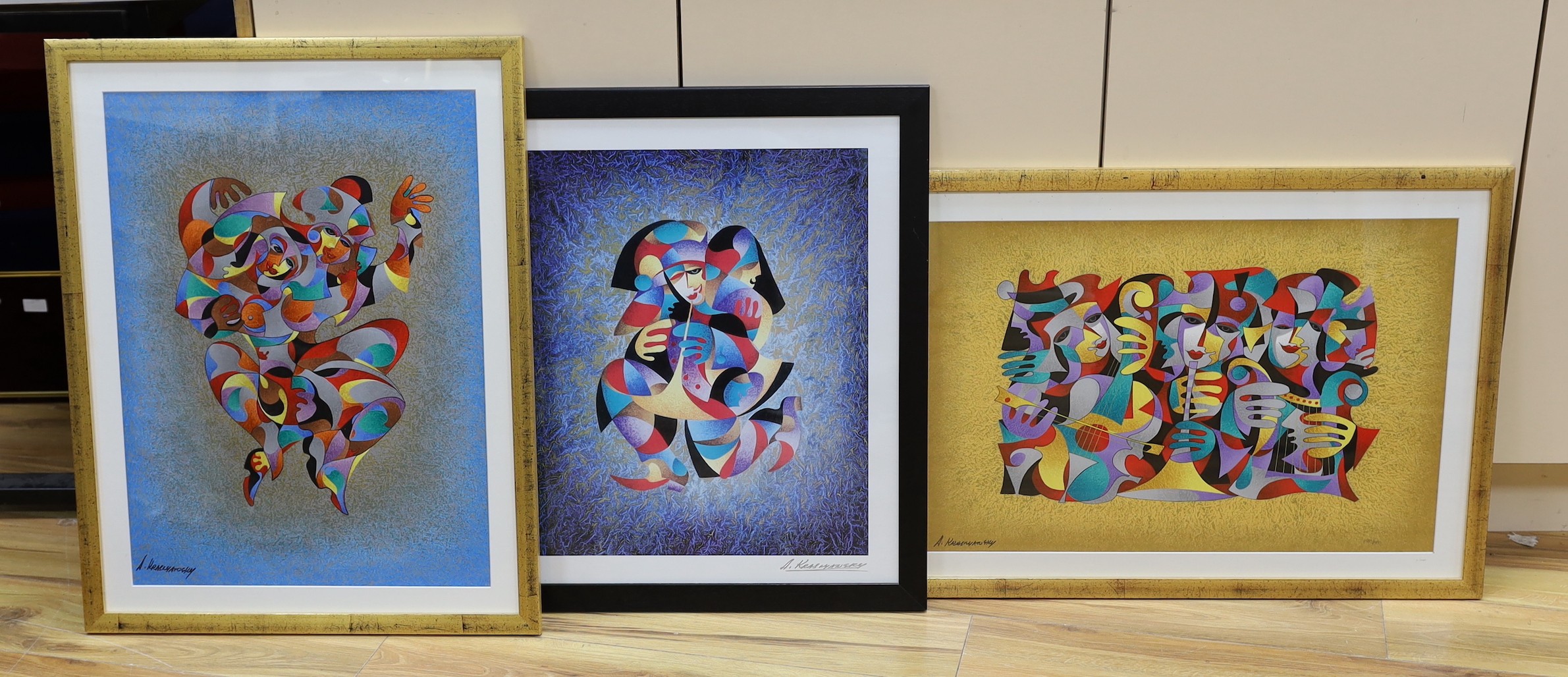Anatole Krasnyansky (Ukrainian, b.1930), three serigraphs, 'Trio I', 'Play that horn II' and 'Twin Dancers', Park West COA's verso, 42 x 63cm, 58 x 48cm and 60 x 44cm